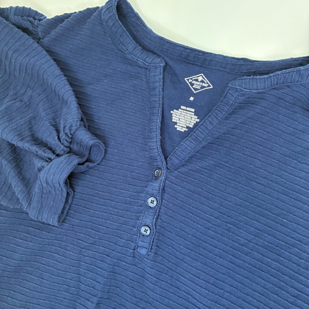 St Johns Bay Navy Blue Ribbed Henley Puff Sleeve Knit Top Medium